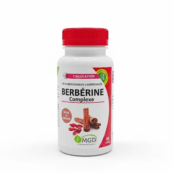 Flacon blanc MGD Berbérine Complexe, bouchon rouge, bâtons de cannelle et baies