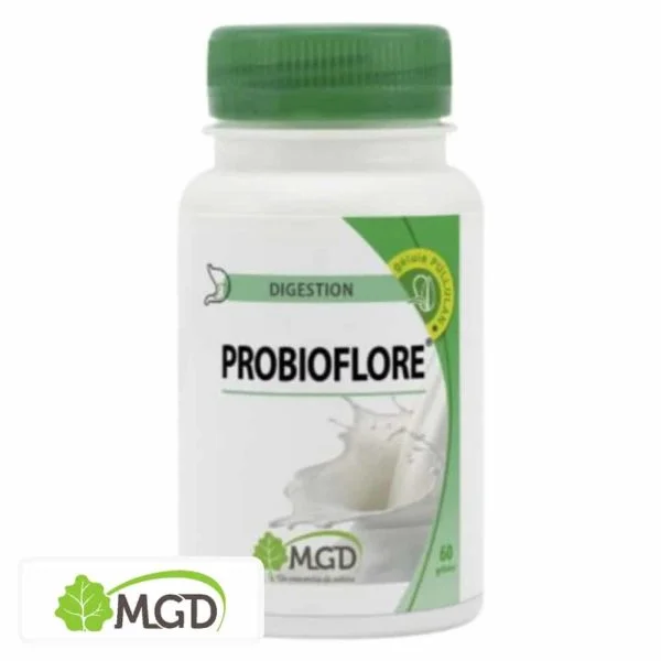 Flacon blanc MGD Probioflore, bouchon vert, éclaboussure de lait sur l'étiquette