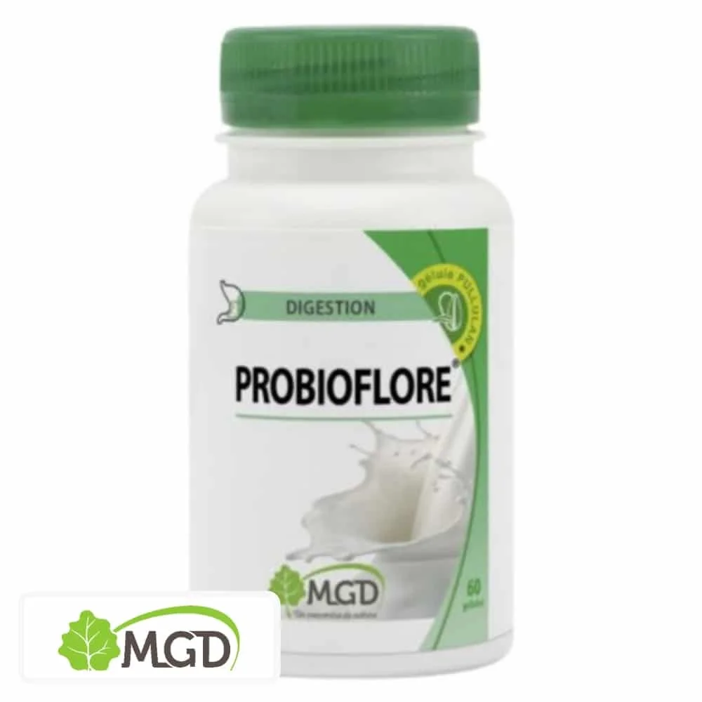 mgd-nature-digestion-probioflore-60-gelules.jpg Flacon blanc MGD Probioflore, bouchon vert, éclaboussure de lait sur l'étiquette