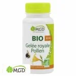 Flacon blanc MGD bio Gelée Royale Pollen, bouchon vert, abeille, logo AB