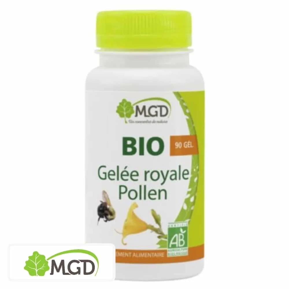mgd-nature-gelee-royale-et-pollen-bio-90-gelules.jpg Flacon blanc MGD bio Gelée Royale Pollen, bouchon vert, abeille, logo AB