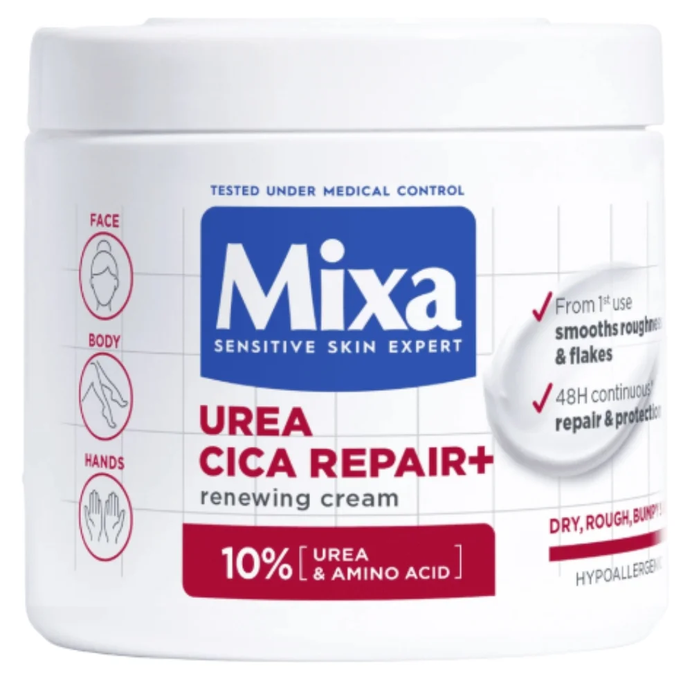 mixa-creme-cica-reparation-400ml.jpg Pot blanc et rouge Mixa Urea Cica Repair+ crème renouvelante 10%