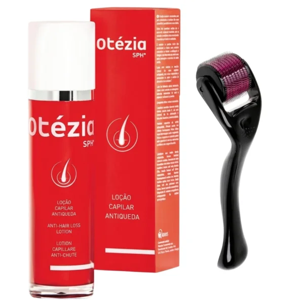 Flacon rouge Otézia SPH lotion anti-chute, étui et derma-roller noir