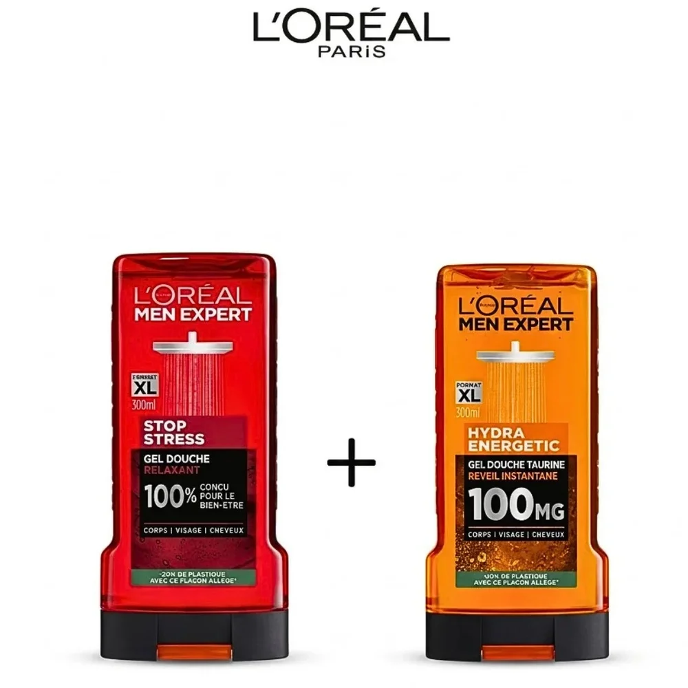pack-loreal-paris-gel-douche-expert-hydra-energeticgel-douche-stop-stress-pack.jpg Flacons rouge Stop Stress et orange Hydra Energetic L'Oréal Men Expert 300 ml