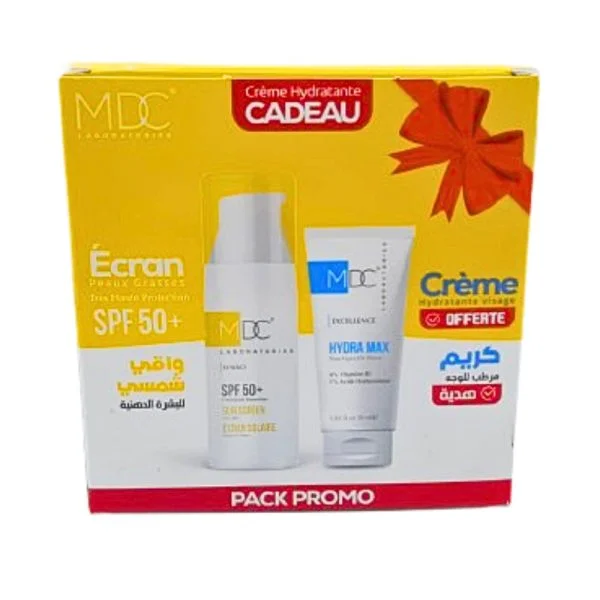 Coffret jaune MDC écran solaire SPF50+ et crème hydratante Hydra Max