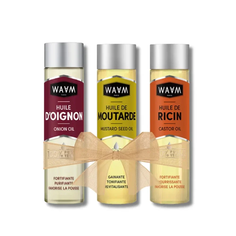 pack-waam-pack-huile-de-moutardhuile-de-ricinhuile-doignon.jpg Trois flacons WAAM huile d'oignon, moutarde et ricin noués d'un ruban doré