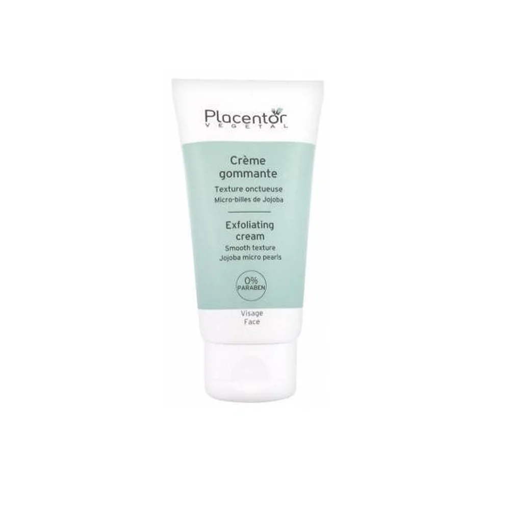 placentor-creme-gommante-visage-50ml.jpg Tube blanc et vert Placentor Végétal crème gommante visage micro-billes jojoba