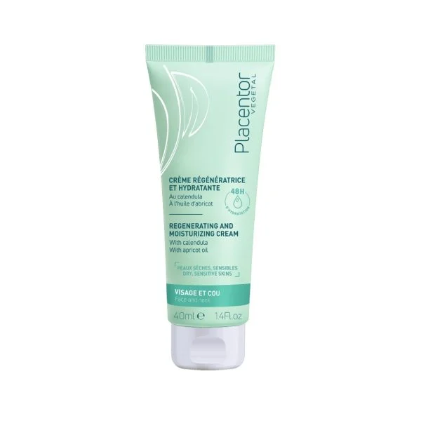 Tube vert pâle Placentor Végétal crème régénératrice hydratante visage cou 40 ml