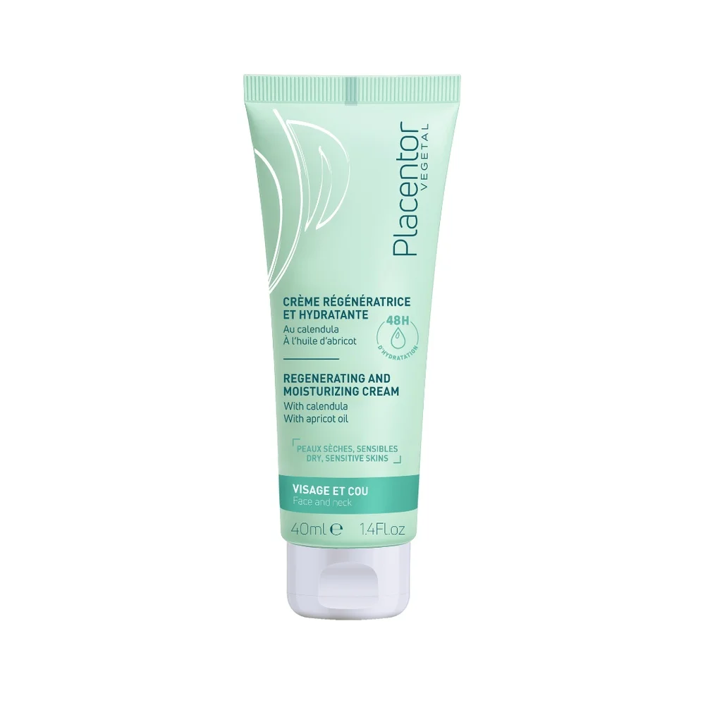 placentor-creme-regenerante-et-hydratante-peaux-seches-40ml.jpg Tube vert pâle Placentor Végétal crème régénératrice hydratante visage cou 40 ml