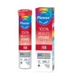 Tube et étui rouges Plusssz 100% Multivitamine plus fer comprimés effervescents