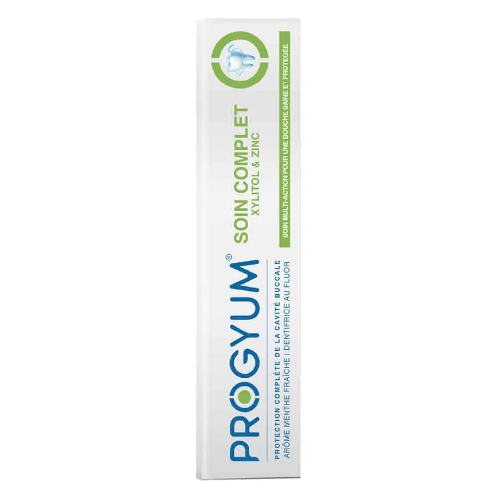 progyum-dentifrice-soin-complet-xylitol-et-zinc-75ml.jpg Étui blanc et vert Progyum dentifrice Soin Complet xylitol et zinc