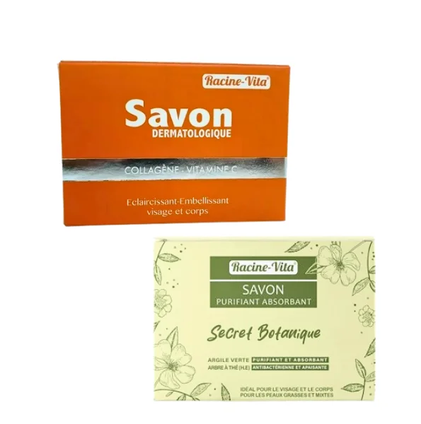 Deux savons Racine-Vita vitamine C collagène orange et Secret Botanique vert