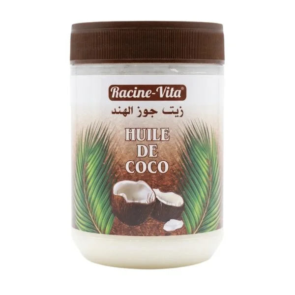 Pot brun d'huile de coco Racine-Vita avec palmes et noix de coco