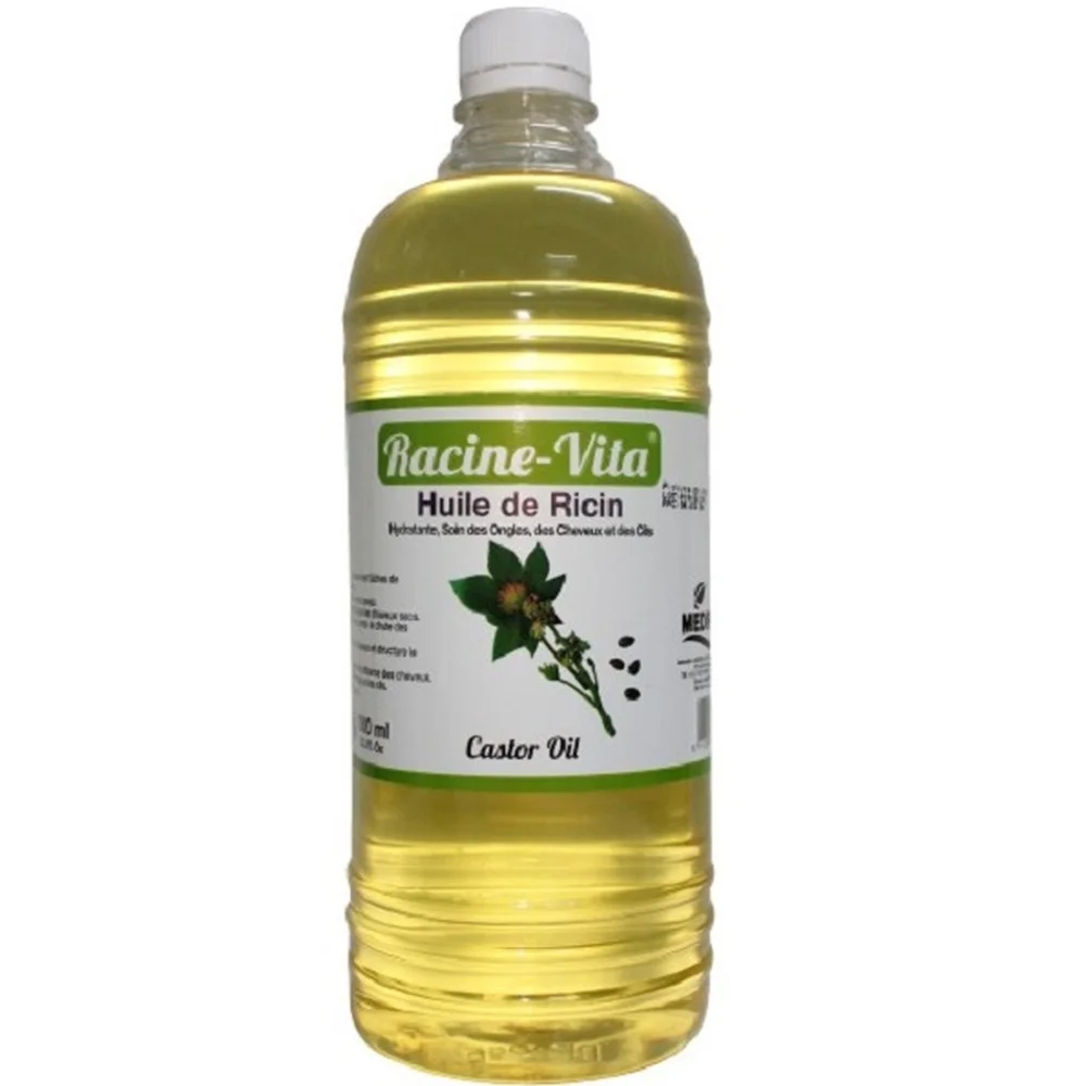 racine-vita-ricin-1l.jpg Grande bouteille transparente d'huile de ricin Racine-Vita de un litre
