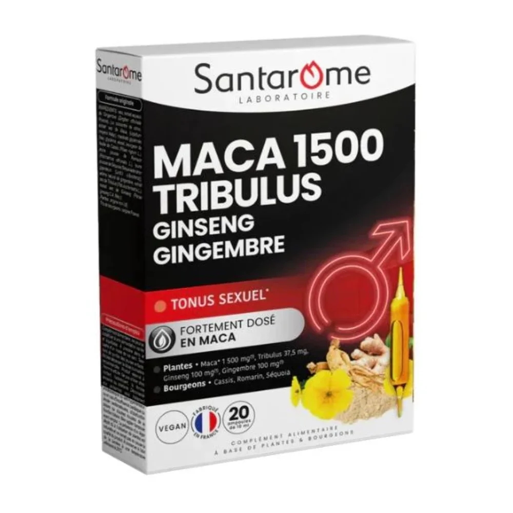 santarome-maca-1500-tribulus-20amp-2.jpg Boîte noire Santarome Maca 1500 Tribulus Ginseng Gingembre, 20 ampoules buvables