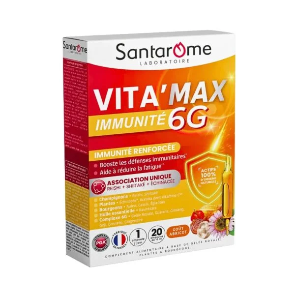 Boîte rouge et jaune Santarome Vita'Max Immunité 6G, 20 ampoules buvables