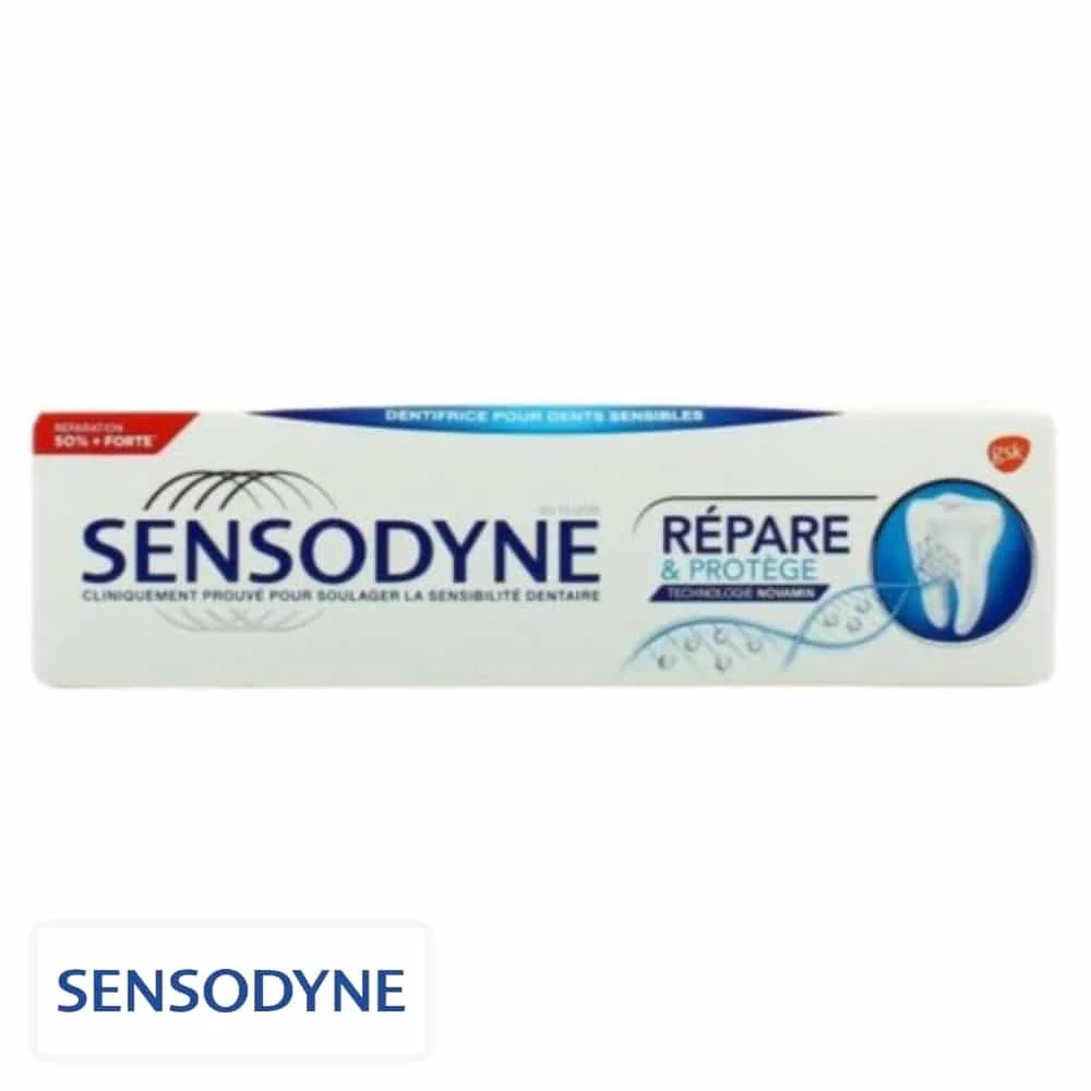 sensodyne-dentifrice-repare-et-protege-75ml.jpg Étui blanc et bleu du dentifrice Sensodyne Répare et Protège 75 ml