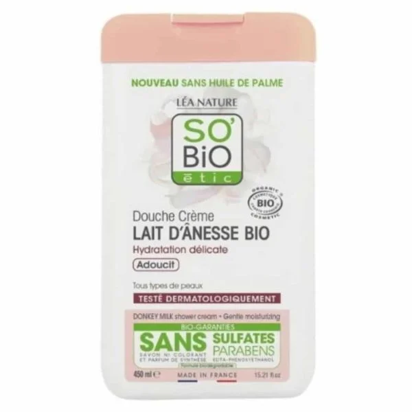Flacon blanc et rose So'Bio étic Douche-Crème Lait d'Ânesse Bio, 450 ml