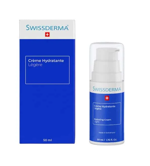 swissderma-creme-hydratante-legere-50ml.jpg Flacon pompe et étui bleus de la crème hydratante légère Swissderma 50 ml