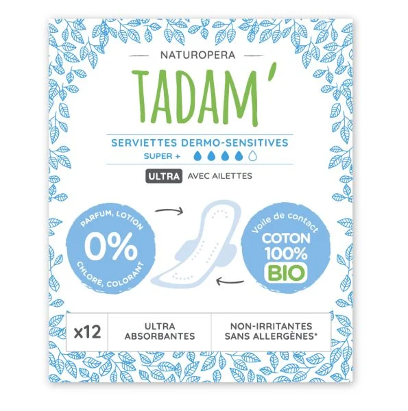 Paquet blanc à motif feuilles Tadam Serviettes Ultra Coton Bio Super+, x12