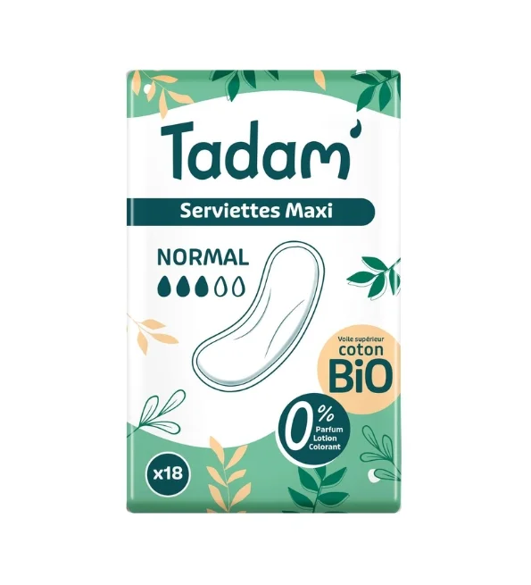 tadam-serviettes-maternite-normal-18-unites.jpg Paquet vert Tadam serviettes Maxi Normal coton bio 0 % parfum x18