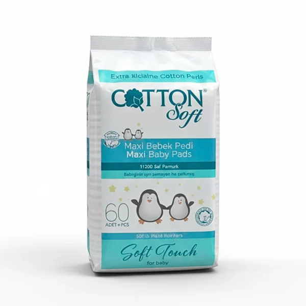 Sachet Cotton Soft Maxi Baby Pads de 60 carrés de coton avec pingouins