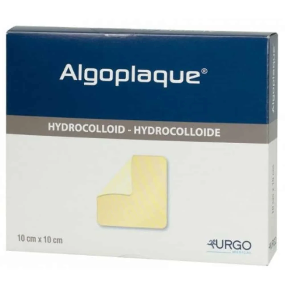 urgo-algoplaque-hydrocolloide-10x10cm-1u.jpg Boîte Urgo Algoplaque hydrocolloïde dix centimètres avec pansement jaune illustré