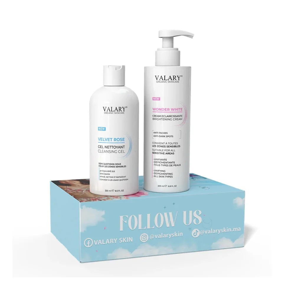 valary-creme-eclaircissante-200ml-gel-nettoyant-250ml-pack.jpg Flacons Valary gel nettoyant Velvet Rose et crème Wonder White sur coffret bleu