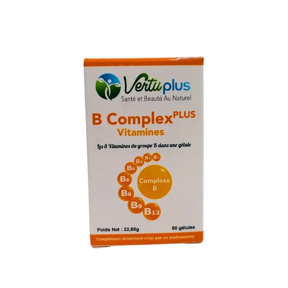 vertuplus-b-complex-plus-vitamines-60gel.jpg Boîte Vertuplus B Complex Plus vitamines groupe B, 60 gélules, étui orange et blanc