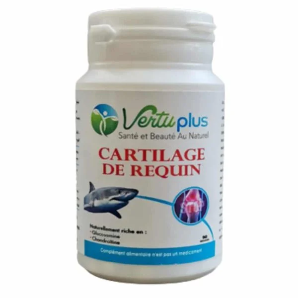 Pot Vertuplus Cartilage de Requin 90 gélules, illustration requin et articulation du genou