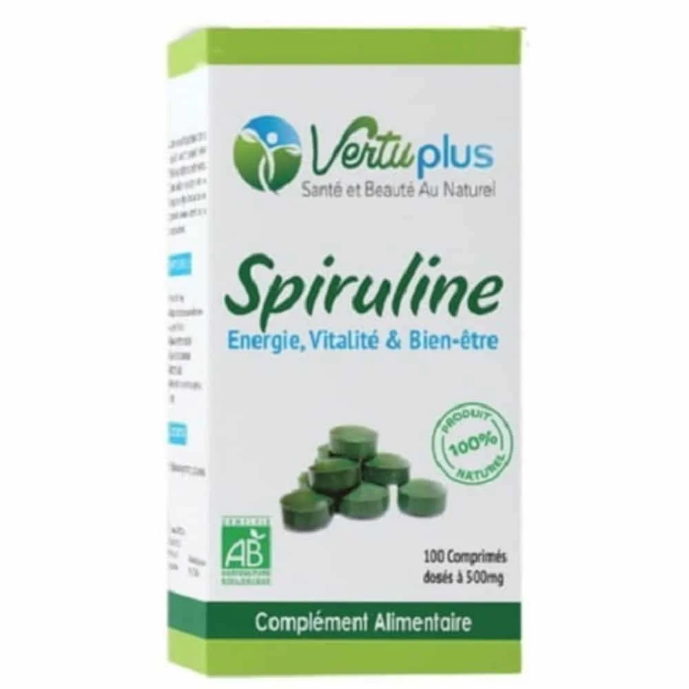 vertuplus-spiruline-energie-vitalite-et-bien-etre-500mg-200-comprimes.jpg Boîte Vertuplus Spiruline Énergie Vitalité Bien-être, 100 comprimés, logo AB