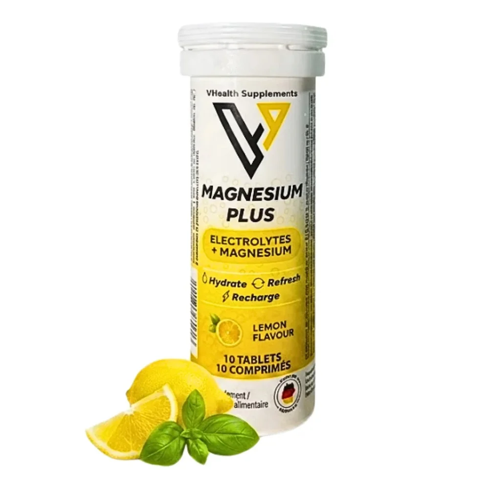vhealth-maghnesium-plus-electrolytes-lemon-10-comprimes.jpg Tube VHealth Magnesium Plus électrolytes goût citron 10 comprimés, citrons et basilic