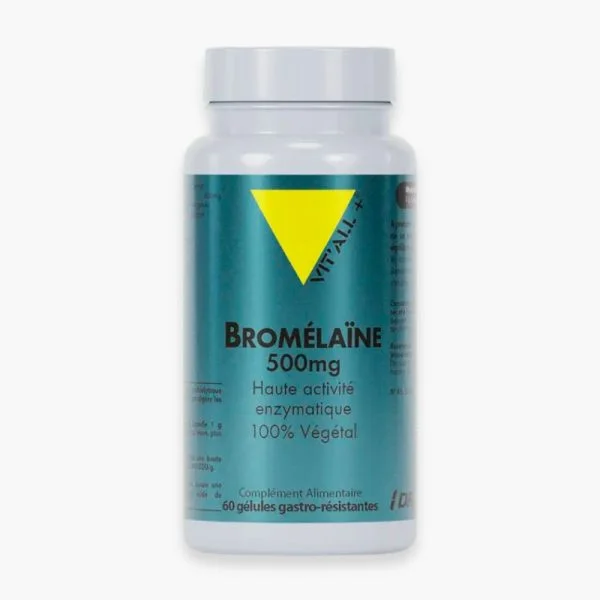 Flacon bleu vert Vitall+ Bromélaïne 500mg 60 gélules gastro-résistantes