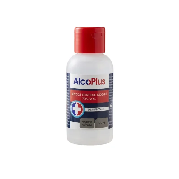 Flacon AlcoPlus alcool éthylique modifié 70 % 125 ml bouchon rouge