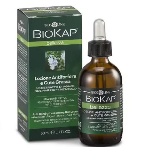 Flacon compte-gouttes ambré et étui vert Biokap Bellezza lotion antipelliculaire 50 ml