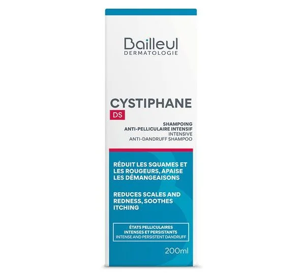 Étui bleu et blanc Bailleul Cystiphane DS shampooing antipelliculaire 200 ml