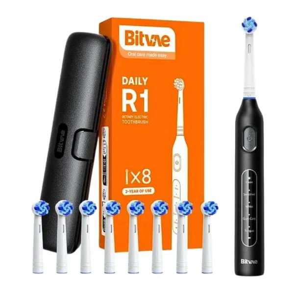 Brosse à dents électrique Bitvae Daily R1 noire, huit brossettes et étui