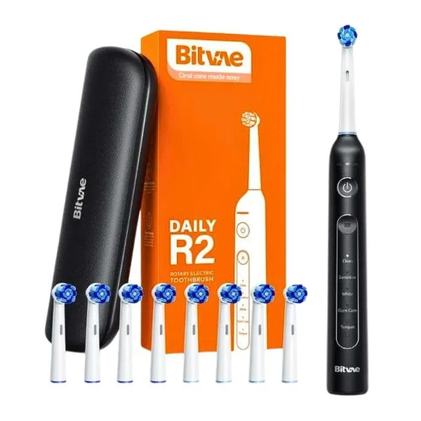 Brosse à dents électrique Bitvae Daily R2 noire, huit brossettes et étui