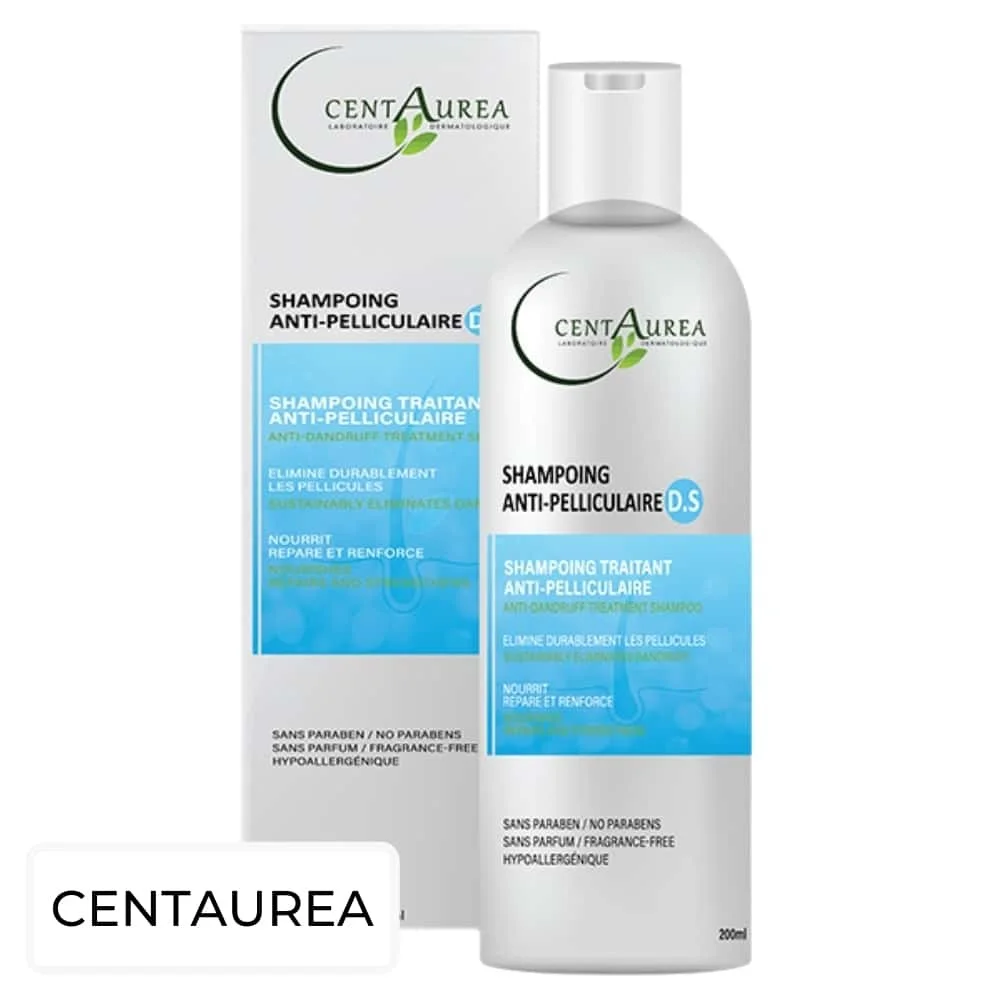 centaurea-ds-shampoing-traitant-anti-pelliculaire-200ml.jpg Flacon blanc et étui bleu Centaurea Shampoing Anti-pelliculaire D.S 200 ml