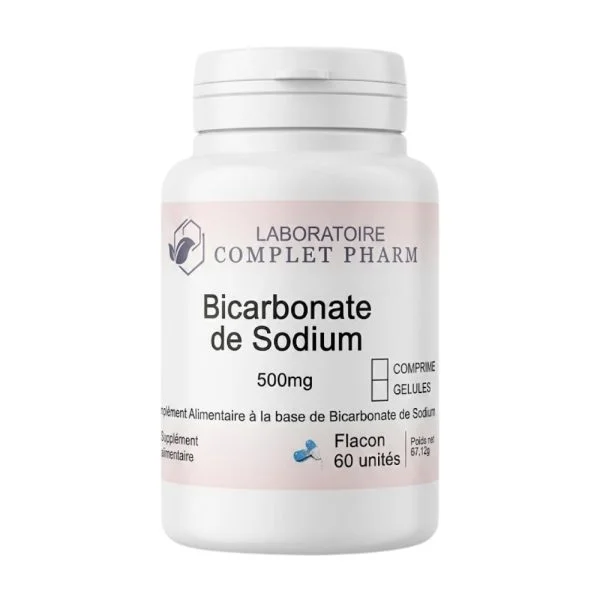 Flacon blanc Laboratoire Complet Pharm bicarbonate de sodium 500 mg 60 unités