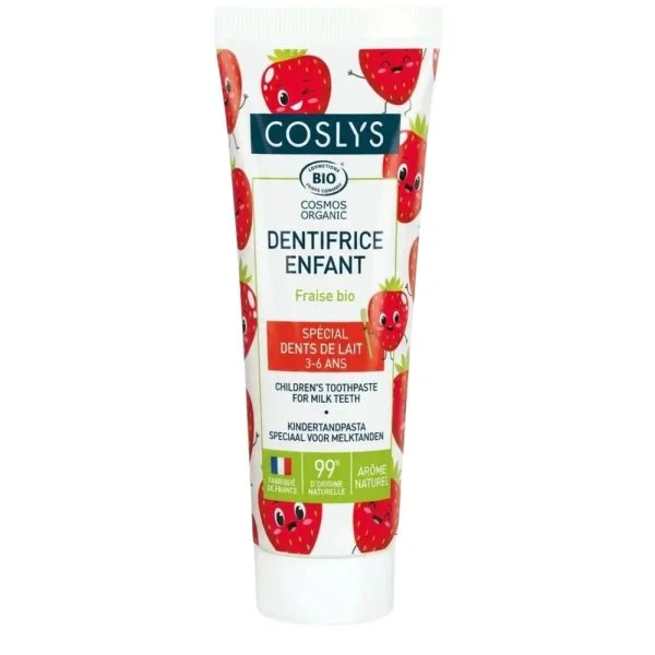 Tube blanc Coslys dentifrice enfant fraise bio motifs fraises rouges