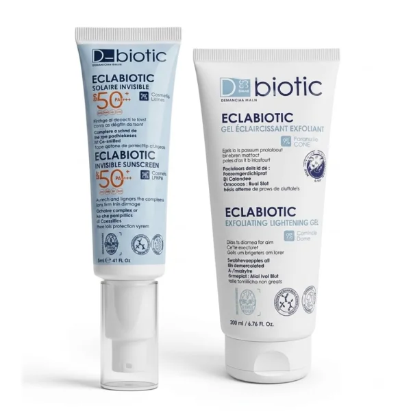 Pack D-BIOTIC Eclabiotic Solaire Invisible SPF50+ + Gel Éclaircissant Exfoliant 200ml