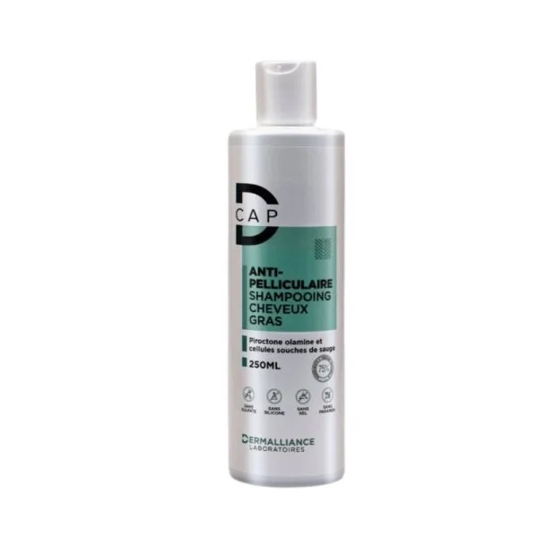 Flacon blanc et vert D-CAP shampooing anti-pelliculaire cheveux gras 250 ml