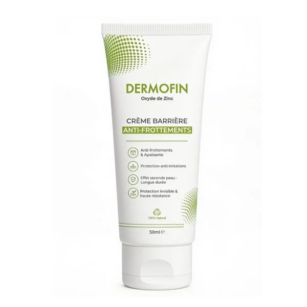 Tube blanc et vert Dermofin crème barrière anti-frottements, oxyde de zinc