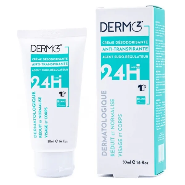 Tube et étui blanc et turquoise Dermoz crème anti-transpirante 24h, 50 ml