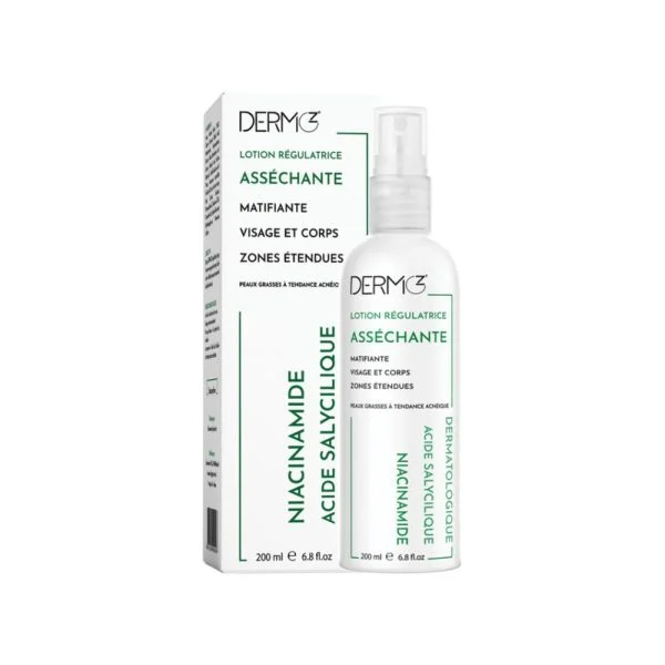 Flacon spray blanc et étui Dermoz lotion régulatrice asséchante 200 ml