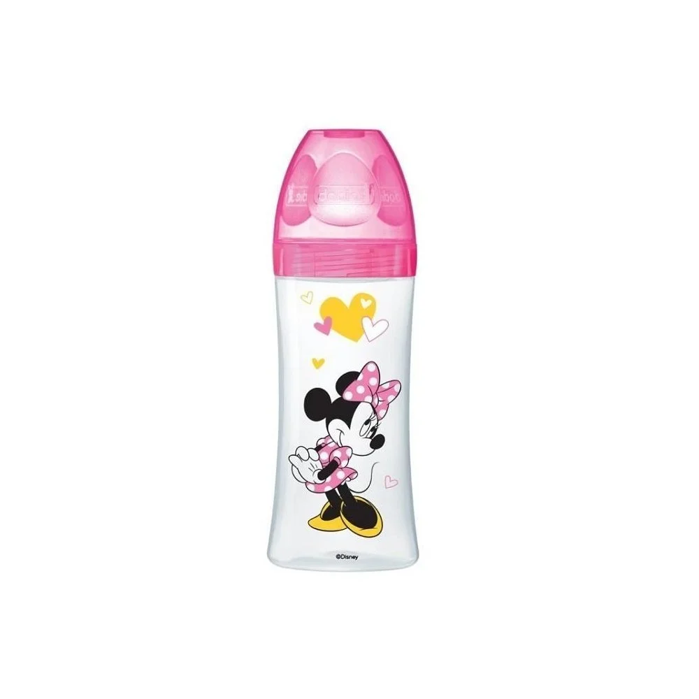 Dodie Bib Initiation+ minnie Fushia 330ml +6mois Biberon Dodie transparent décor Minnie, bague et capuchon rose fuchsia