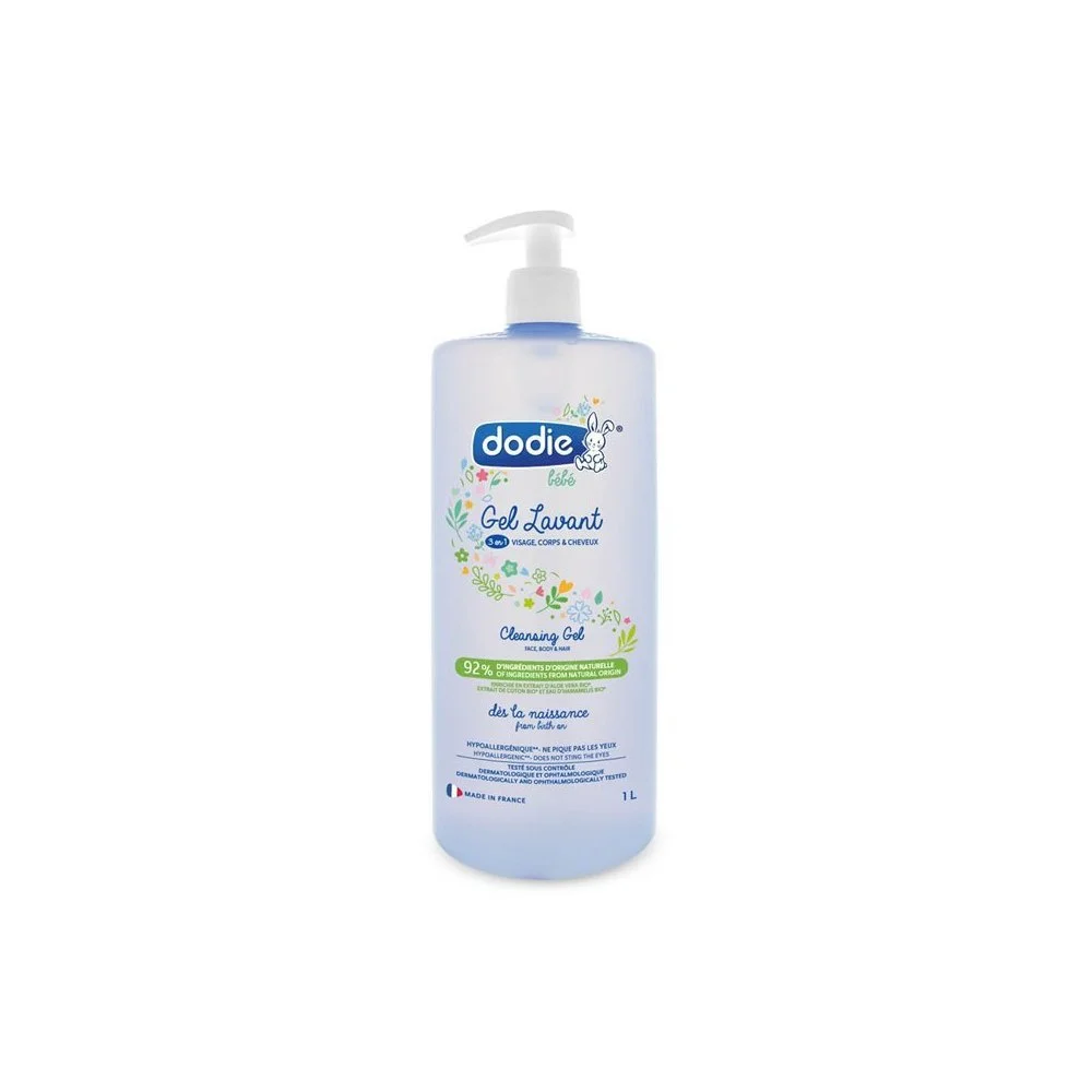 Dodie – Gel lavant 3 en 1 flacon Pompe – 1 l Flacon pompe bleuté Dodie bébé, gel lavant 3 en 1, 1 L