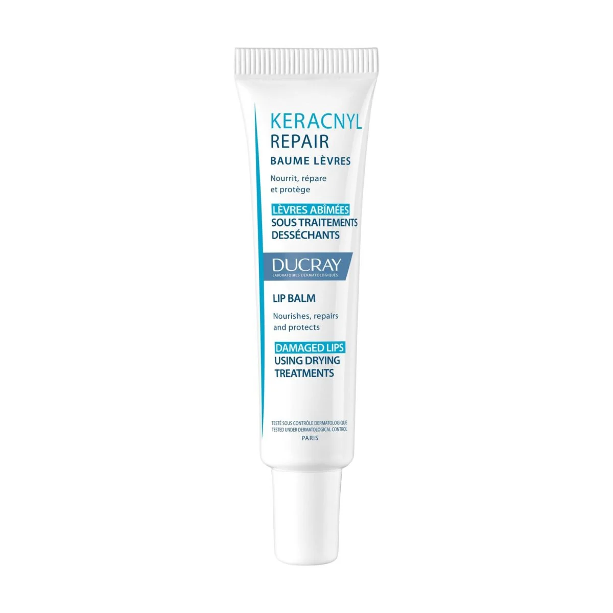 ducray-baume-reparateur-levres-abimees-par-les-traitements-anti-acneique-oral-keracnyl-repair-15-ml.jpg Tube blanc et bleu Ducray Keracnyl Repair baume lèvres 15 ml