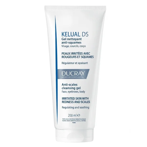 Tube blanc et bleu Ducray Kelual DS gel nettoyant anti-squames 200 ml